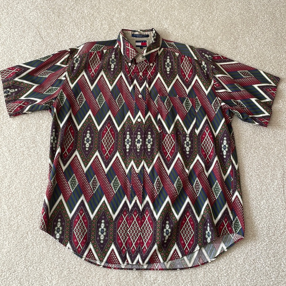 Vintage 90’s Tommy Hilfiger Button Up Shirt Men’s Large Geometric Pattern